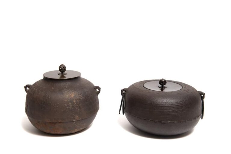 Lot de deux bouilloires à eau en métal: Une de forme dite minakochi décorée d'un motif de carapace de tortu