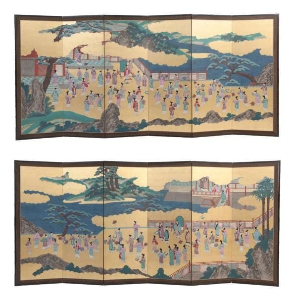 Lot de deux paravents à six feuilles (byobu