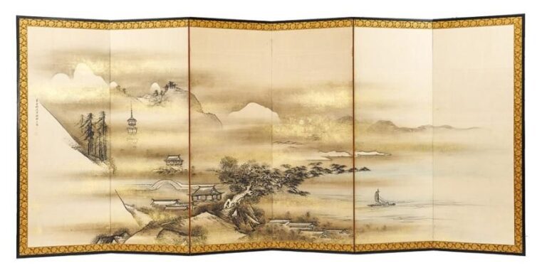 Lot de deux paravents à six feuilles byobu ornés d'une peinture à l'encre de style Sesshu monochrom