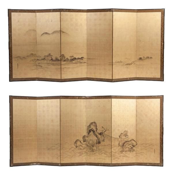 Lot de deux paravents à six feuilles (byobu