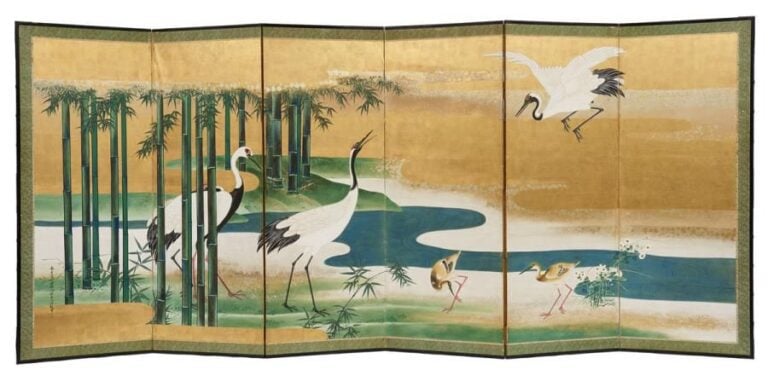 Lot de deux paravents byobu à six feuilles figurant une peinture polychrome sur feuille d’o