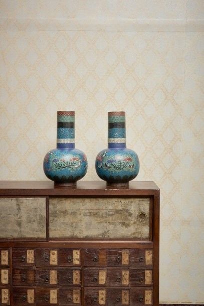 Lot de deux vases chinois émaillés de forme globulaire arborant un long col et décorés de papillons et de multiples motifs floraux dans des tons bleus, verts et rouge