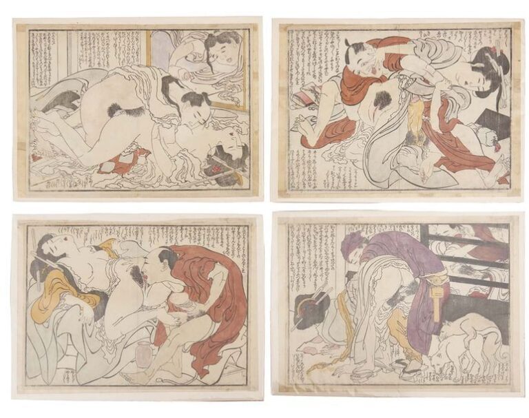 Lot de neuf feuillets figurant des estampes érotiques en couleur extraites d'un livre shunga d'un style rappelant celui d'Utamar