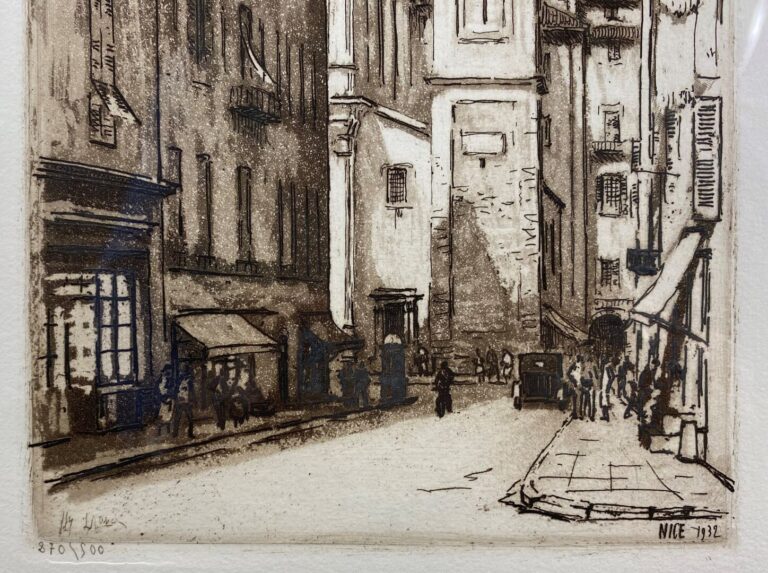 Lot de pièces encadrées et gravures régionalistes, Nice 1932, la rue de l'églis…