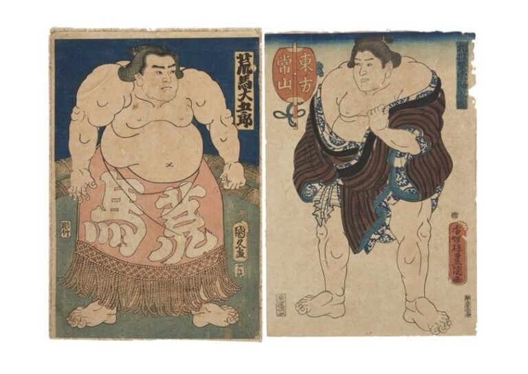 Lot de sept estampes originales de taille ban figurant des célèbres lutteurs de Sum