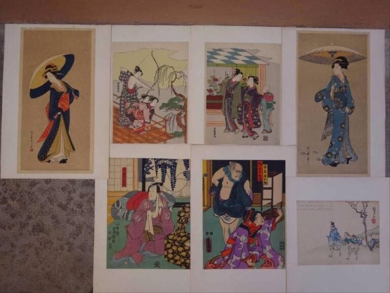 LOT DE SEPT ESTAMPES VARIEES Japon Lot de deux sept xylogravures dont deux d'après KORYUSAI et une d'après UTAMARO (vendues en l'état