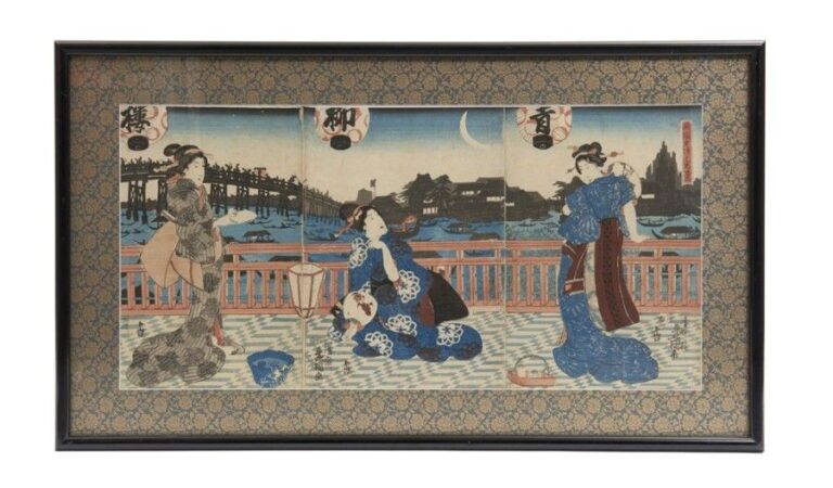 Lot de trois estampes de taille oban encadrées et formant un triptyque par Kochoro Toyokuni (= Utagawa Kunisada I 1786-1864
