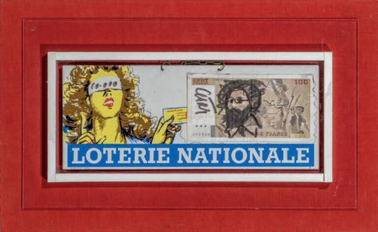 Loterie Nationale Billet de 100 francs et feutre noir sur plaque en émai