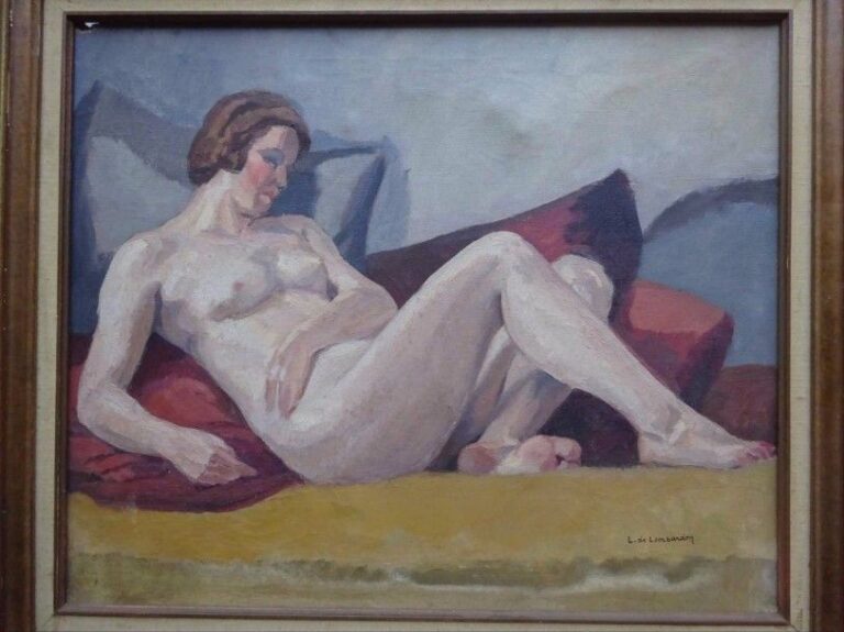 Louis de LOMBARDON (Actif XXe siècle) Nu féminin allongé Huile sur toile Signée en bas à droite 54 x 65 cm