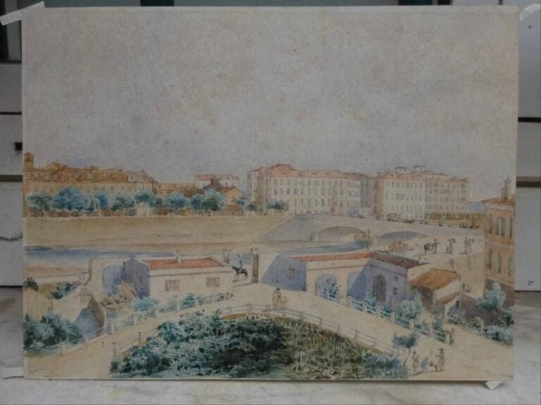 Louise PARY ? NICE Le Pont Neuf Aquarelle sur papier Située en bas à gauche « Nice, 2