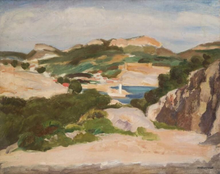 Lucien MAINSSIEUX (1885-1958) Les calanques aux abords de Marseille (?) Huile sur toile marouflée sur pannea