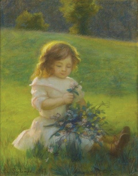 Lucile (fille du peintre) au bouquet de fleurs Pastel sur papie