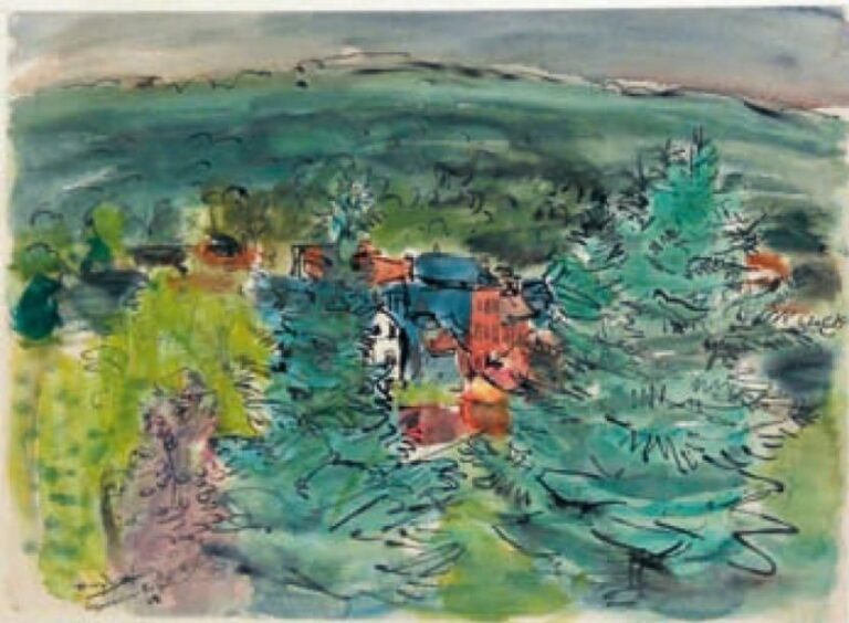 Lyons-la-Forêt II (1950) Aquarelle sur papier Signée, datée et située en bas à gauche 31 x 44 cm (à vue) L'authenticité de cette oeuvre a été confirmée par Monsieur Pierre Célice