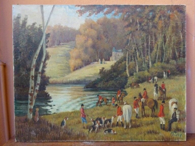 MACHY (?, Actif XXe siècle) Scène cynégétique Huile sur toile Signée en bas à droite 73 x 92 cm