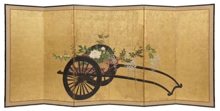 Magnifique paravent byobu à six feuilles figurant un dessin anonyme et polychrome représentant un chariot de fleur (hanakuruma) transportant un panier empli de fleurs de pivoines, de glycines bleues et de quelques corètes du Japon (yamabuki