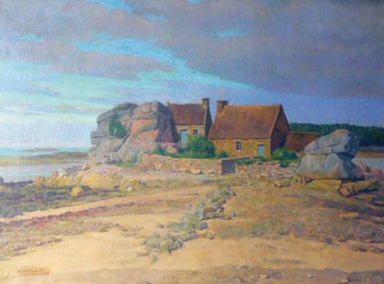 Maison en bord de mer Huile sur toile, signée en bas à droite 54,5 x 70 cm