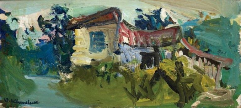 Maisonnette Huile sur isorel, signée en bas à gauche 17,5 x 38 cm