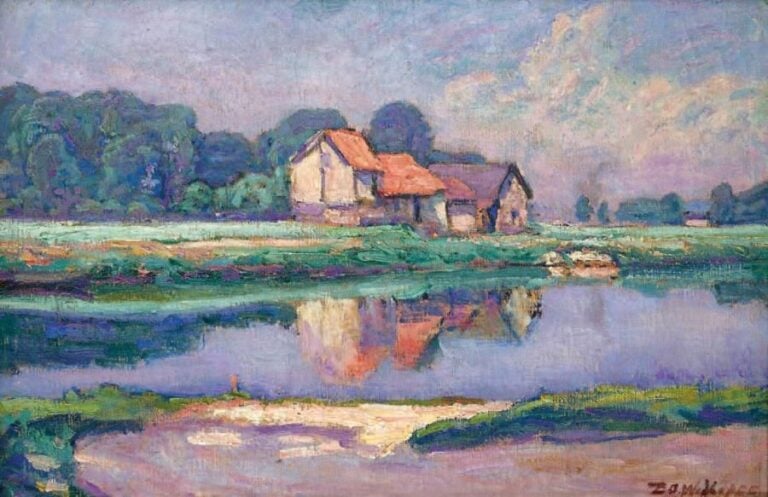 Maisons au bord de l'eau Huile sur toile, signée en bas à droite 34,5 x 51,5 cm
