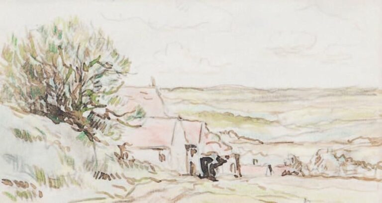 Maisons dans un paysage Mine de plomb et aquarelle sur papier, signée en bas à droite 11 x 19,5 cm