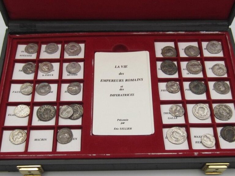 Mallette comprenant une collection de 18 Deniers, 11 Antoniniens et 1 Follis d'Auguste à Constantin, accompagnés de fiches historique