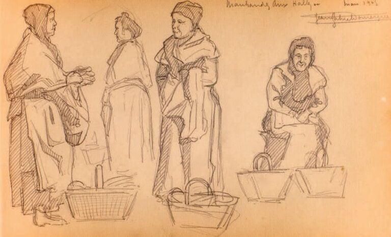 Marchande aux Halles Mine de plomb, signée et datée 1903 en haut à droite 16,5 x 26,5 cm