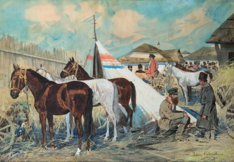 Marché des chevaux en Ukraine, 1919 Aquarelle, signée et datée en bas à droite 47 x 67 cm Watercolor, signed and dated lower right