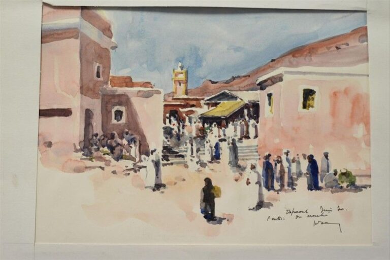 Marché oriental, Tafraout (Maroc) Gouache sur carton Signée, située et datée 70 en bas à droite 22 x 30 cm