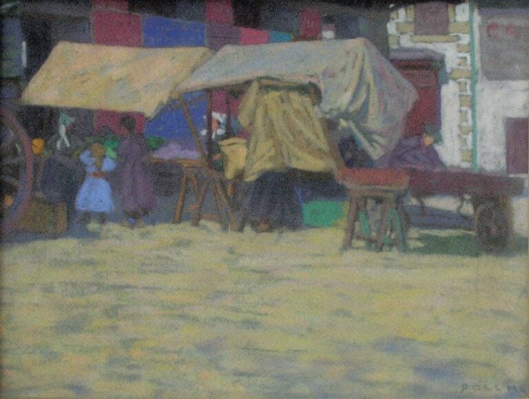 Marché Pastel Signé en bas à droite 22 x 30 cm (à vue)