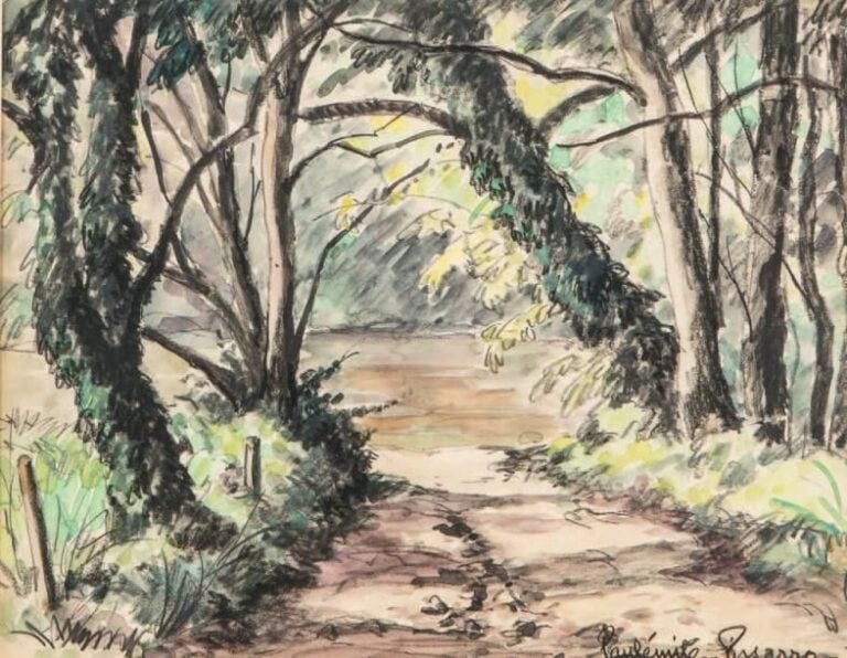 MARE EN SOUS-BOIS Aquarelle et fusain, signé en bas à droite 24 x 31 cm