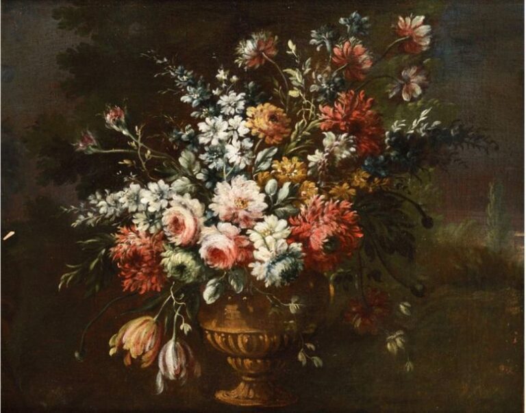 Margherita CAFFI (Vicence, 1650  Milan, 1710)  Bouquet de fleurs  Huile sur toile (rentoilée)  Au revers, étiquette d'exposition (illisible)  60 x 73,5 cm