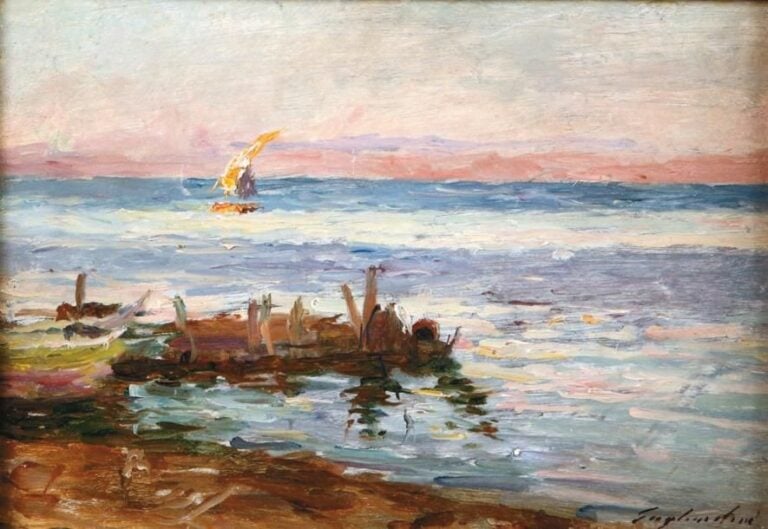 Marine au soleil couchant Huile sur panneau, signée en bas à droite 27 x 40 cm