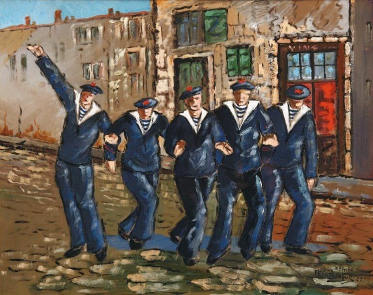 « Marins au Havre » Gouache, signée, datée 39 et située en bas à droite 50 x 63 cm