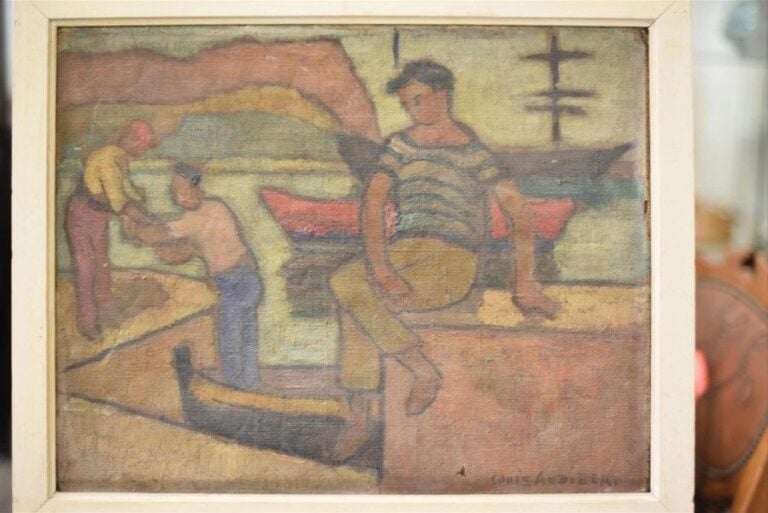 Marins au port  Huile sur toile, signée en bas à droite 41 x 33 cm (petits accidents)
