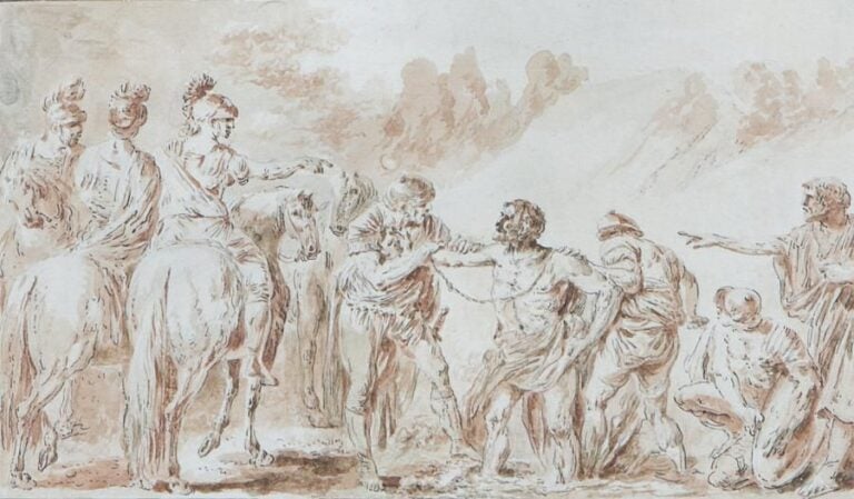 «Marius fait prisonnier» Plume et lavis de bistre Annoté sur le montage «Marius proscrit par le Sénat est pris dans un marais nu, couvert de boue dans cet état on le charge de chaînes et on le traine à Maint