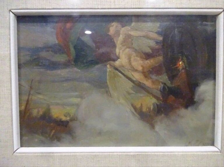 Matteo TASSI (1840-1895) La chute de Phaéton Huile sur carton / panneau ? Signée en bas à droite 15,5 x 22,5 cm (à vue)
