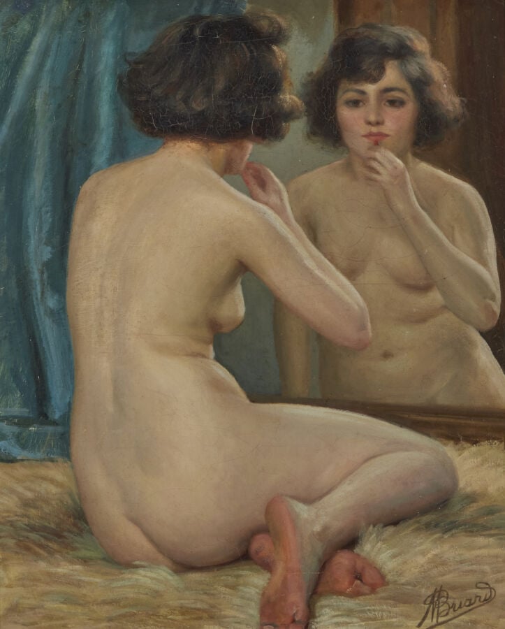 MAURICE BRIARD - (NÉ EN 1887) - « Modèle au miroir » - Huile sur toile rentoilé…