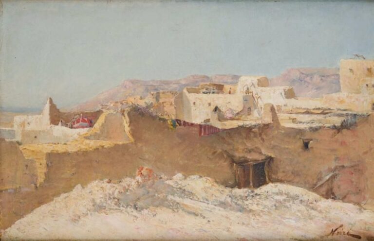 Maxime NOIRE (1861-1927) Les toits d'Alger ( ?) Huile sur toile Signée en bas à droite Etiquette manuscrite sur le châssis 30x 46 cm (craquelures)