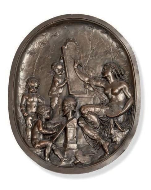 Médaillon en bronze à patine noire en bas-relief représentant une Allégorie des art