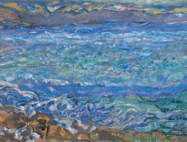 Mer à Garrouges, 1960 Gouache sur papier, signée en bas à droite, annotée au dos «la mer à Garouges 1960» À vue: 42,5 x 56 cm