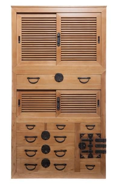 Meuble de commerçant à deux corps (chodansu) en bois de cyprès japonais (hinoki