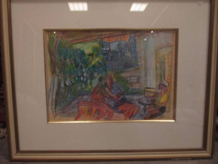 Michel KIKOINE (1892-1968) Discussion dans la véranda Pastel, crayons gras et gouache sur papie
