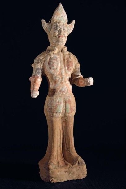 MINGQI / Guerrier en terre cuite à engobe et à polychromi