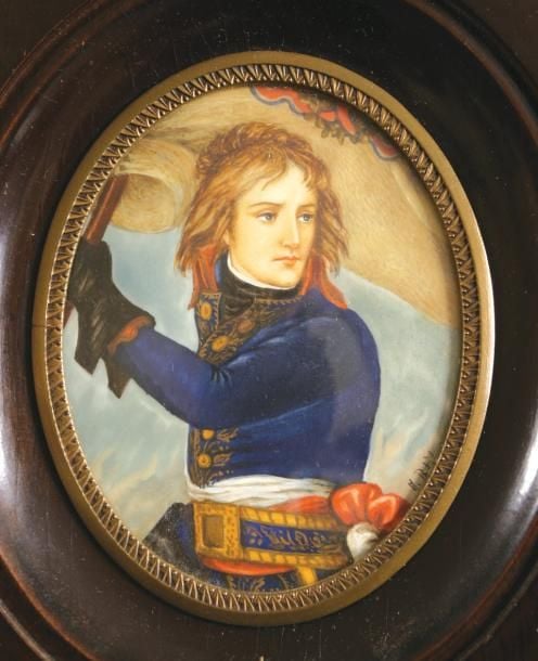 Miniature ovale représentant Napoléon Bonaparte au pont d'Arcole; cadre en cuivre et bois noirc