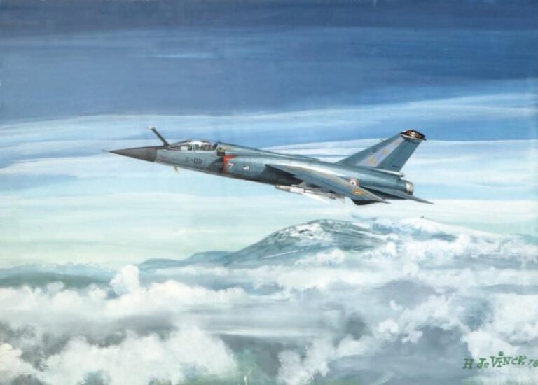 Mirage F 1: gouache sur papier par Hervé de Vinck, signée et datée 197