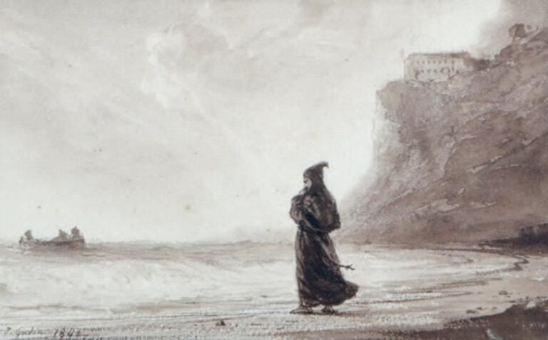 «Moine sur la grève» Plume et lavis brun Signé et daté 1842 à la plume en bas à gauche 15,7 x 25,8 cm