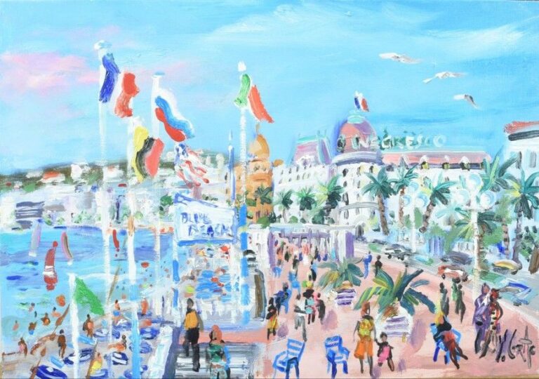 "Mois d'été à Nice" Huile sur toile Signée en bas à droite Titrée et contresignée au dos 33 x 46 cm