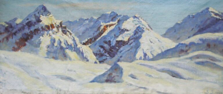 Montagnes enneigées (1959) Monogrammée et datée en bas à droite Contresignée au dos 32 x 73 cm