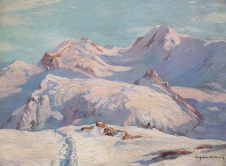 Montagnes enneigées Huile sur toile Signée en bas à droite 55 x 74 cm