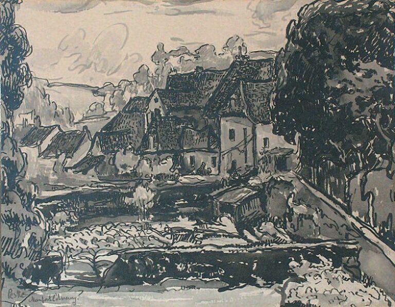 Montfort-l'Amaury Encre de chine et lavis Signé et situé en bas à gauche 29 x 38 c