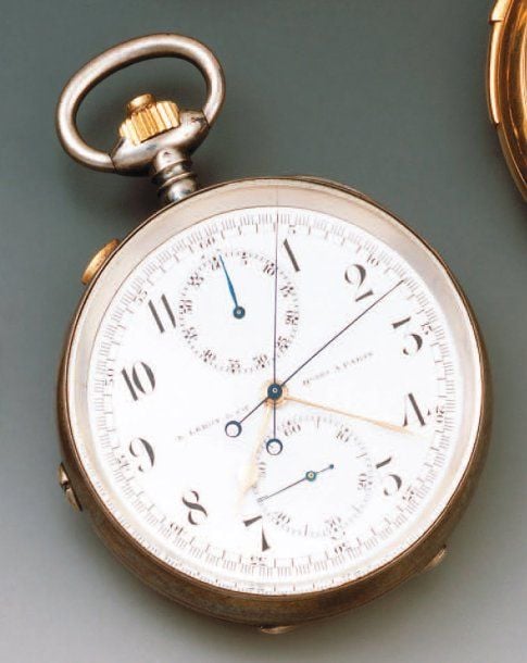 Montre de poche à remontoir en argent, formant chronographe, modèle à « rattrappante », signée LEROY & Ci